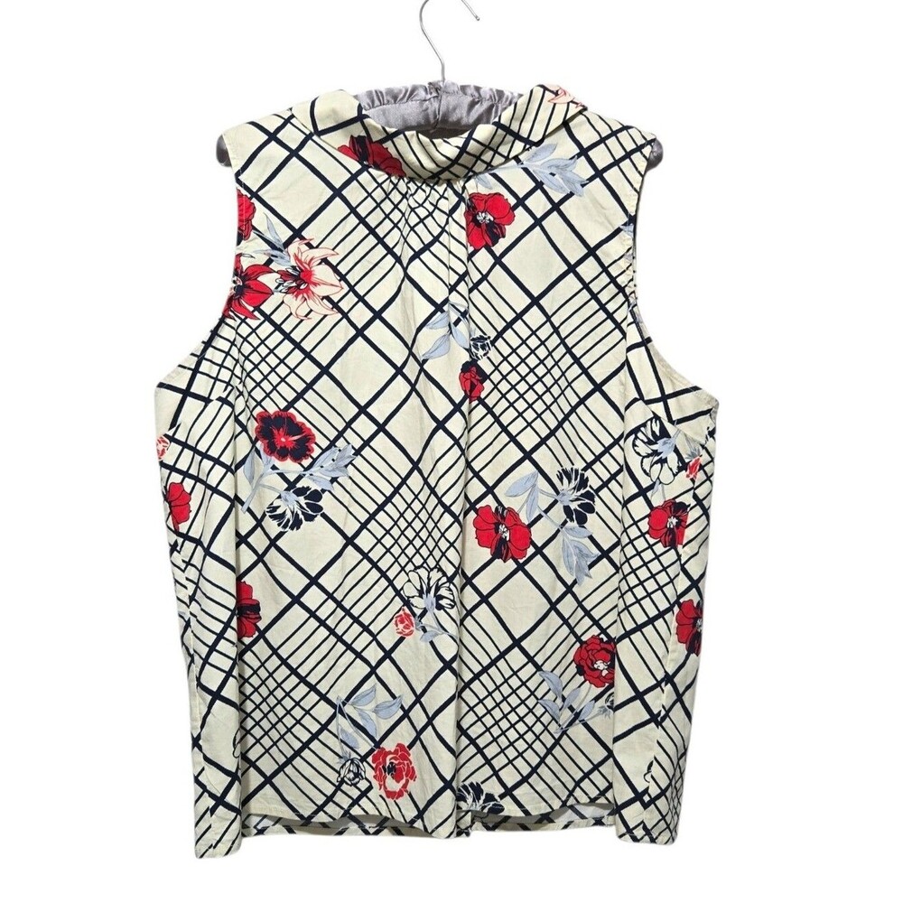 ModCloth Cream Top with Navy Grid and Red Floral Accent Twee Quirky Size XL